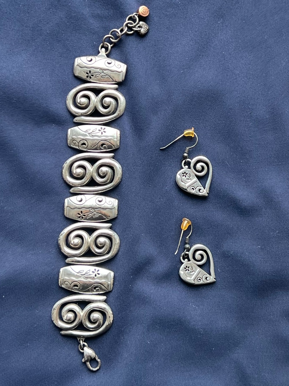 Brighton Silver-Tone Scroll Link Bracelet with Heart Earrings